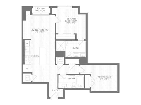 Floor plan for 2 beds, 2 baths, 903 sqft